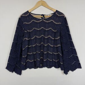 Rose + Olive Navy Blue Lace Fringe Flare 3/4 Sleeve‎ Blouse Shirt Top Women's XL